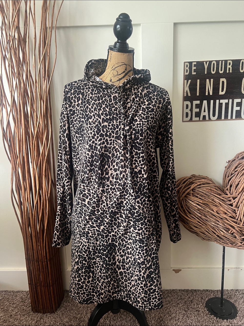 Cato Leopard Print Long Sleeve Hooded Pajama Tunic - Black & Cream